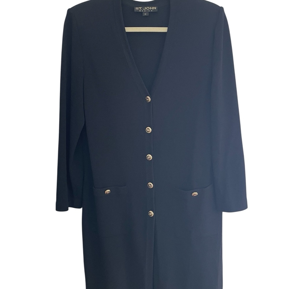 St John Santana Long Black Cardigan Sweater w/Enameled
Buttons Sz10 Grandma Chic